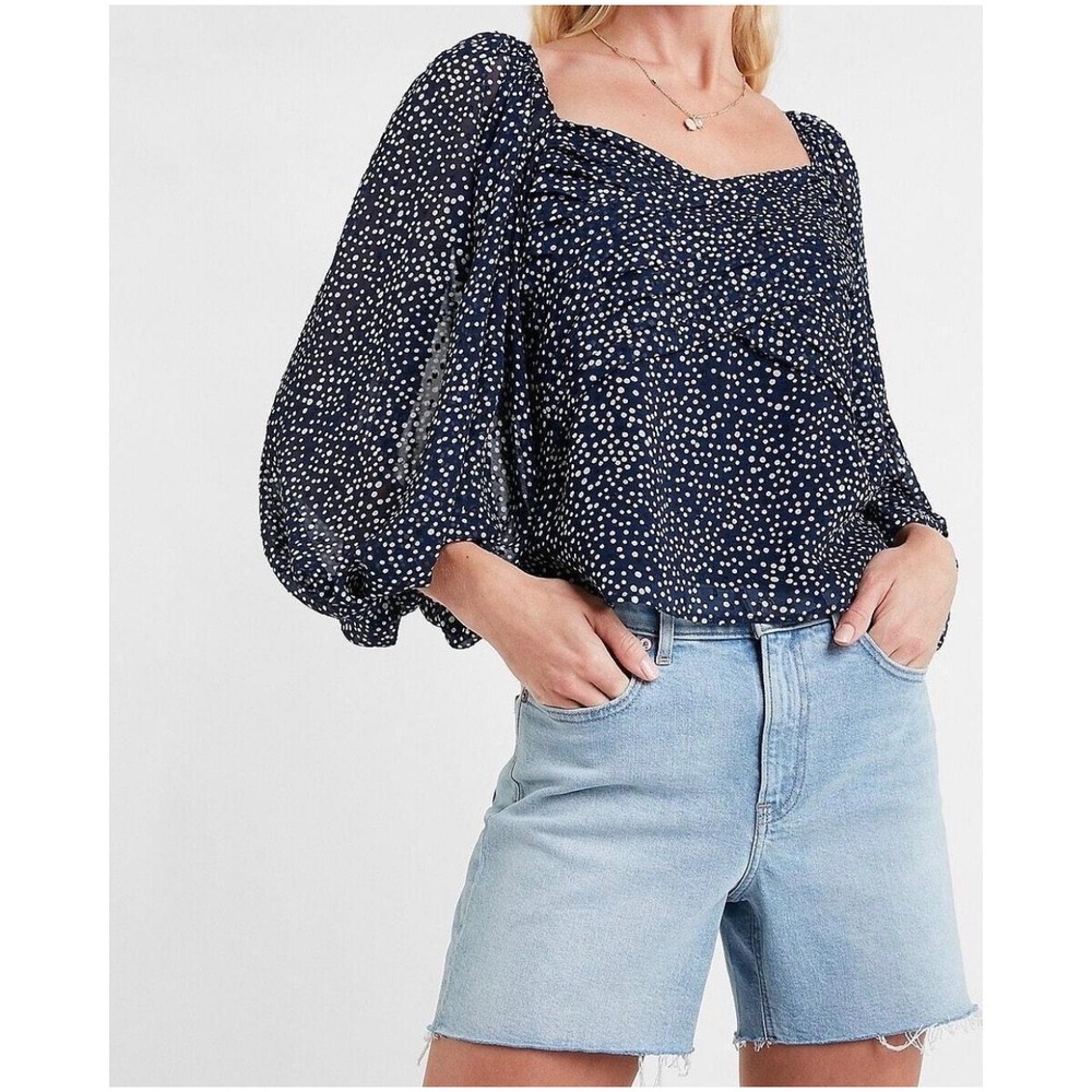 Express Navy Swiss Dot Chiffon‎ Blouse S Square Neck Puff Sleeve Romantic Top